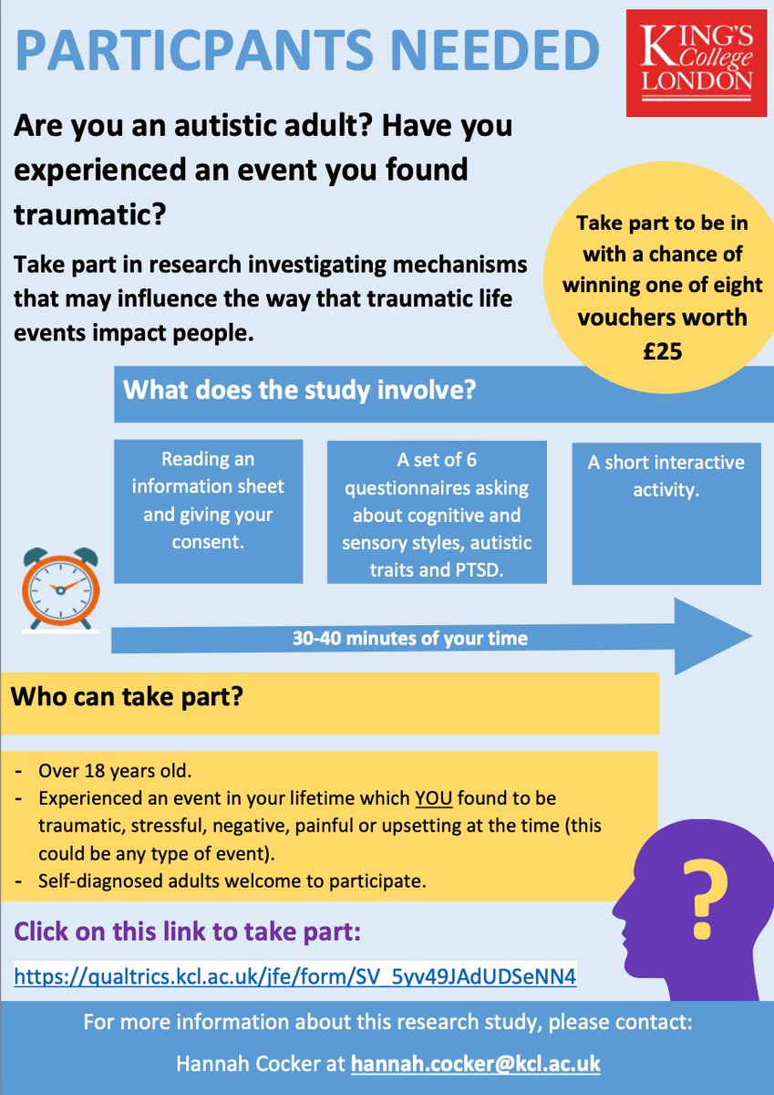 PTSDAutismStudy's tweet image. 4/5 We are a team at @KingsCollegeLon conducting a research study examining the relationship between autism and trauma. If you're autistic or have experienced trauma, your participation would be greatly appreciated to help us to drive breakthroughs in understanding and support.