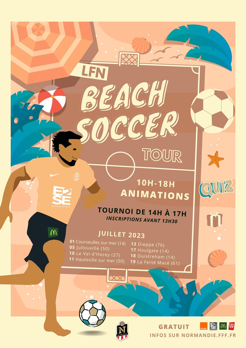𝗟𝗙𝗡 𝗕𝗲𝗮𝗰𝗵 𝗦𝗼𝗰𝗰𝗲𝗿 𝗧𝗼𝘂𝗿 𝟮𝟬𝟮𝟯 ⚽️
La <a href="/LFNofficiel/">Ligue F⭐⭐t Normandie 🤙</a> débarque sur les plages normandes et sur les terrains de Beach Soccer cet été 🏖⚽️
Différentes activités gratuites seront proposées tout au long de la journée. Toutes les infos ⤵️
normandie.fff.fr/simple/rendez-…