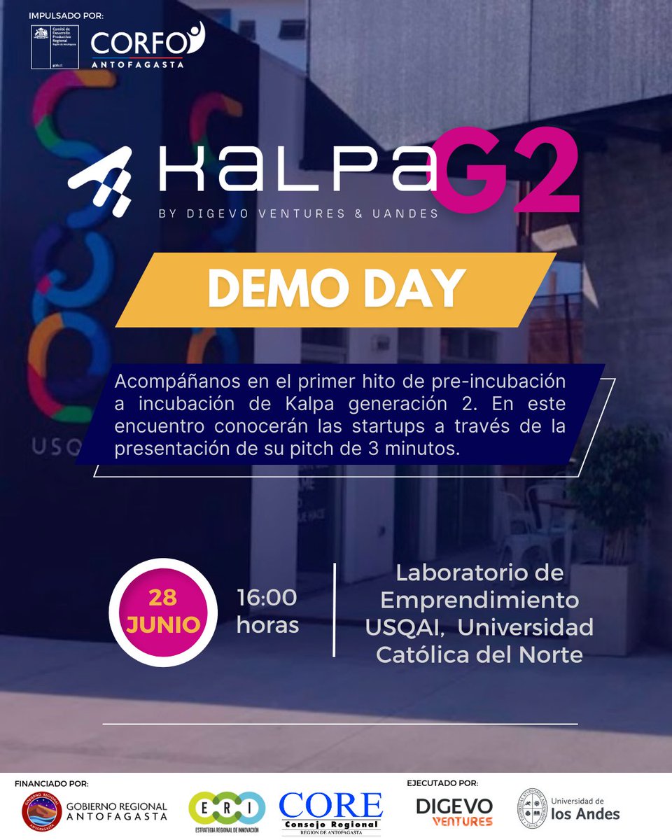 Este miércoles 28, estaremos acompañando a Kalpa en su Demo Day que se realizará en <a href="/USQAI_UCN/">USQAI - Laboratorio de Emprendimiento</a>  🙌Este evento será una oportunidad para conocer a las startup de la 2da generación de Kalpa, quienes se presentarán a través de un pitch.
L@s esperamos a partir de las 16:00 hrs.