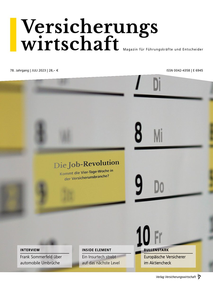 Am 1. Juli 2023 erscheint die neue Ausgabe der #Versicherungswirtschaft! Die Themen sind u.a.: Job-Revolution in der Versicherungsbranche, Interview mit <a href="/allianz_de/">Allianz in Deutschland</a>-Manager Frank Sommerfeld über automobile Umbrüche und zehn Jahre <a href="/VWheute/">VWheute</a>. fachmedien.de/vvw/versicheru…