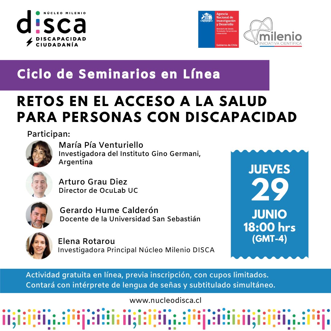 Te esperamos en nuestro nuevo seminario en línea sobre “Retos en el acceso a la salud para personas con discapacidad”.

Este jueves 29 de junio, desde las 18:00 horas (GMT-4), por Zoom. Inscríbete en forms.gle/oZdkVy84Xszmg7…. 

#CentrosAnid
