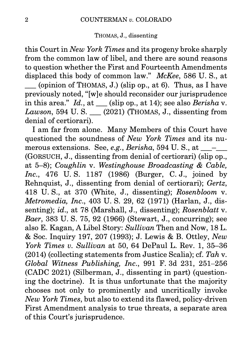 Justice Thomas uses his dissent in Counterman to reiterate his hatred of New York Times v. Sullivan, calling it a 'flawed, policy-driven' decision 'masquerading as constitutional law.' No one joins him. supremecourt.gov/opinions/22pdf…