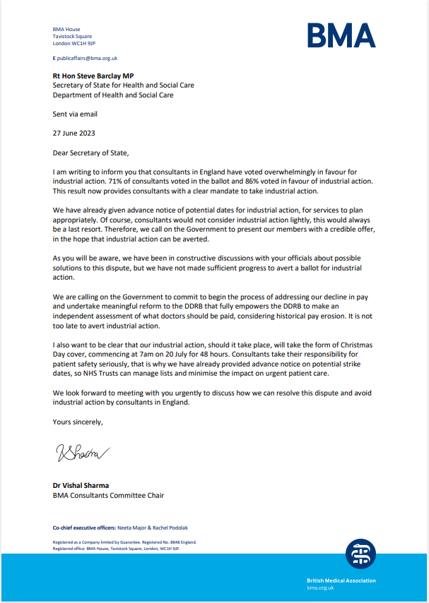 BMA_Consultants's tweet photo. We have written to the Health Secretary outlining our successful ballot result. We have made clear that the Government can avert strike action with a credible offer that addresses our decline in pay. Read more about how we plan to #FixConsultantPay: https://t.co/Rq4seoH752 https://t.co/RgtAAtWuvP