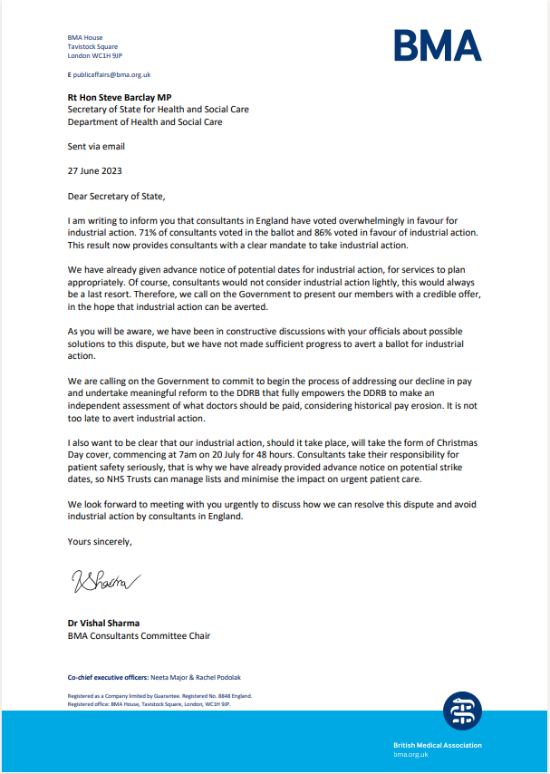 We have written to the Health Secretary outlining our successful ballot result. We have made clear that the Government can avert strike action with a credible offer that addresses our decline in pay. Read more about how we plan to #FixConsultantPay: bma.org.uk/consultantspay