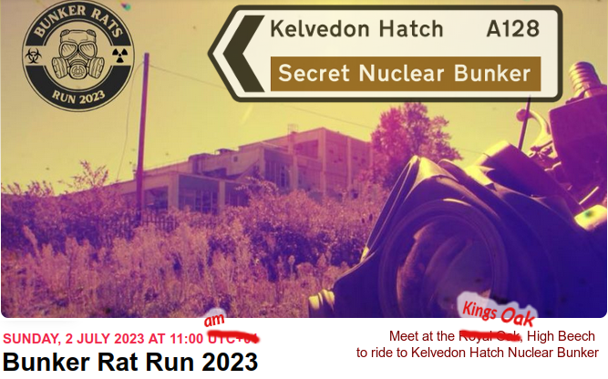 RatBikeZone's tweet photo. Bunker Rat Run this coming Sunday! come and join us #Ratbikes #SecretNuclearBunker #ApocalypseAvoided https://t.co/jb0x2nMTNv