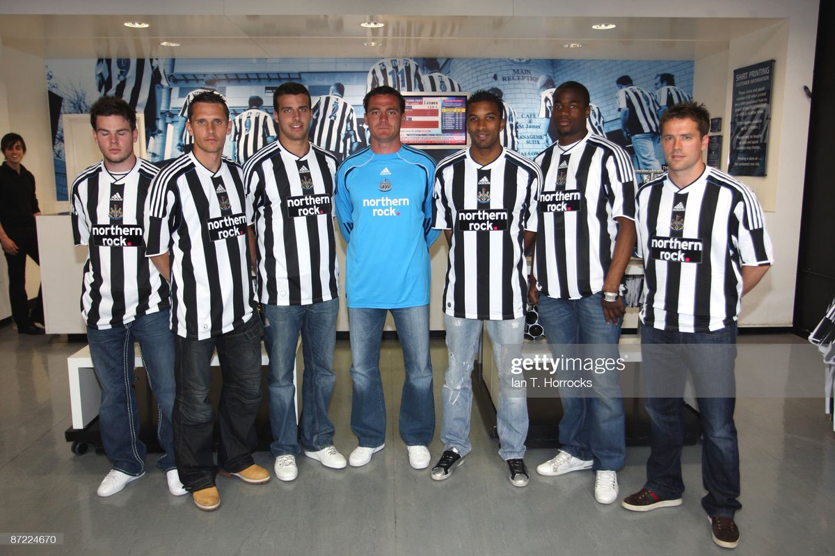 Danny Guthrie, Peter Lovenkrands, Steven Taylor, Steve Harper, Habib Beye, Sebastien Bassong and Michael Owen of Newcastle United pose in their new kit as it's unveiled, at St James' Park,in Newcastle, England (2009)