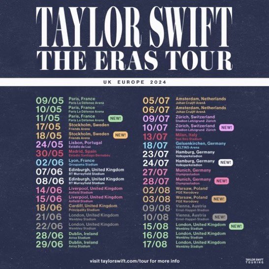 TSTheErasTour's tweet photo. JUST ADDED: 1 new show in Los Angeles and 8 new shows in the UK &amp; Europe! Visit https://t.co/iBggUg1tZt for more info. #TSTheErasTour https://t.co/Wte1BzkbCW