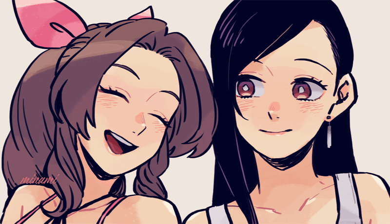 aerith gainsborough ,tifa lockhart multiple girls 2girls black hair jewelry earrings smile brown hair  illustration images