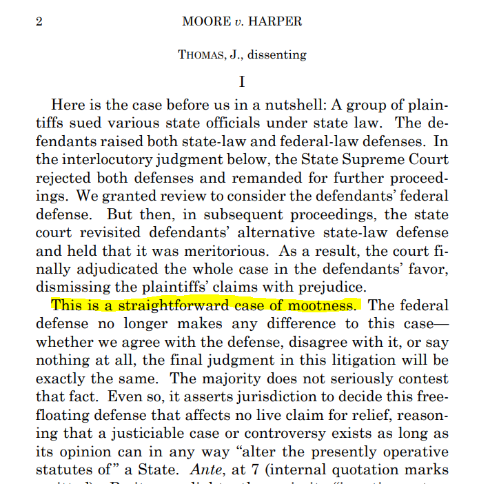 WFNYCraig's tweet photo. I sometimes read Supreme Court opinions, and I'm happy I did today. This sentence from Clarence Thomas' dissent is incredible.
"This is a straightforward case of mootness."
#SupremeCourt #moorevsharper #mootness https://t.co/RHuRkYPJzh
