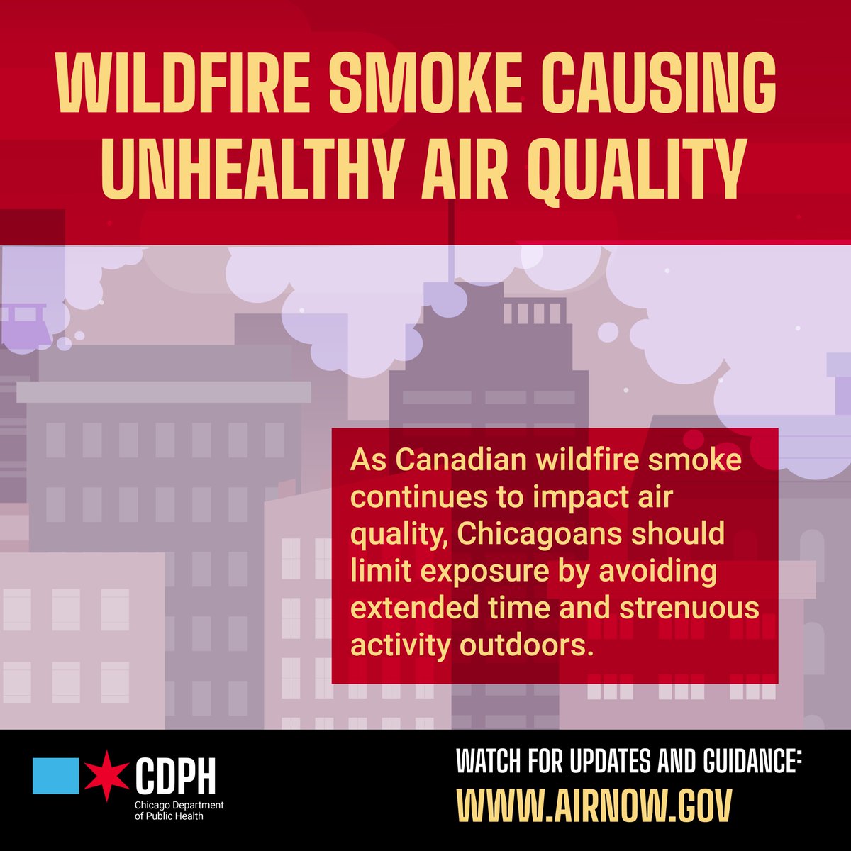 Stay safe, Chicago! 

Air quality in Chicago is now at an unhealthy level due to wildfire smoke from Canada. Limit your exposure by avoiding strenuous activities and shortening your time outdoors.

Watch for more updates and guidance: AirNow.gov

#AirQuality