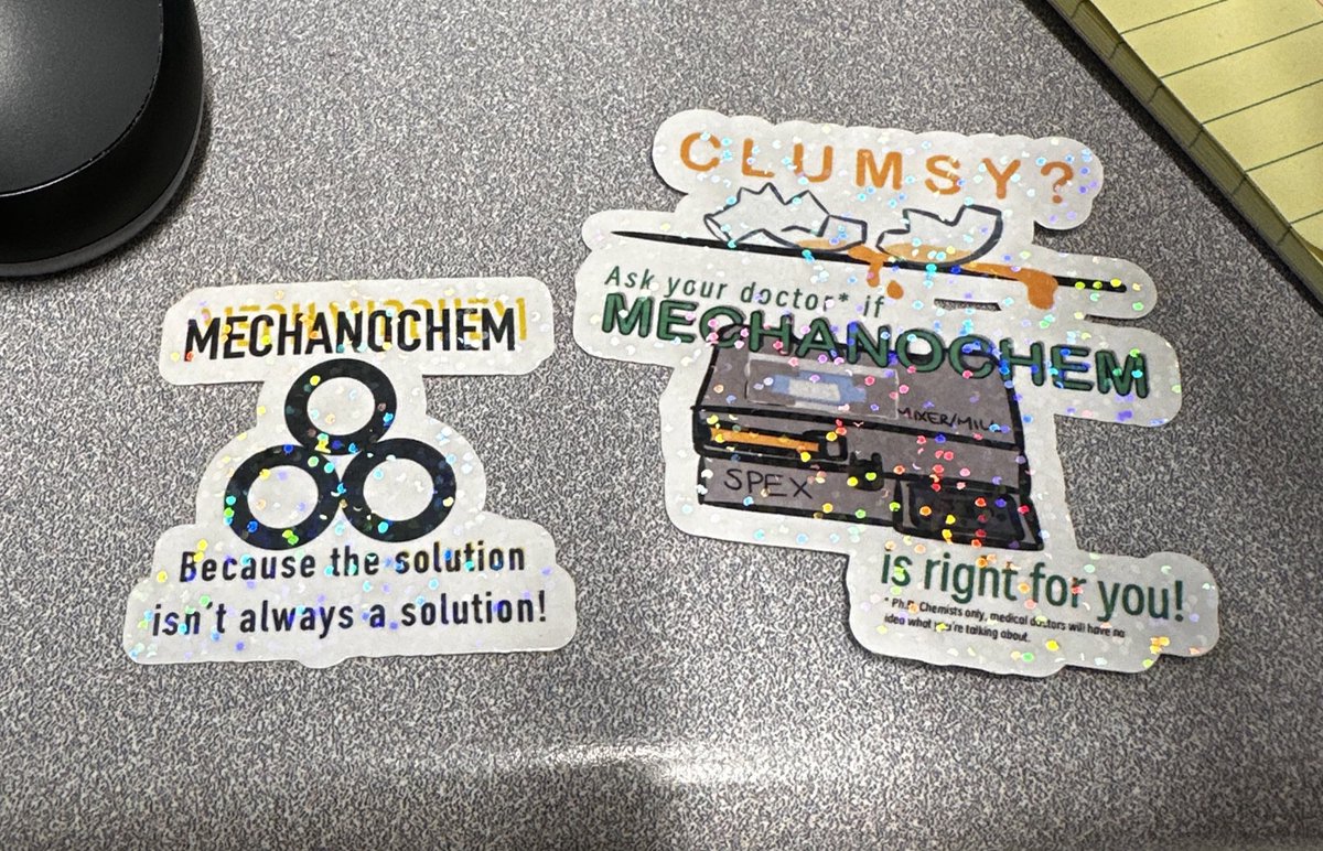 My coworkers are cooler than yours! After hearing me ramble for a year about the mechanochemistry my group will be doing, @sasha_sundstrom made me stickers to recruit with as a parting gift! If you too are a mechanoenthusiast, drop her a follow and stay tuned for exciting news!