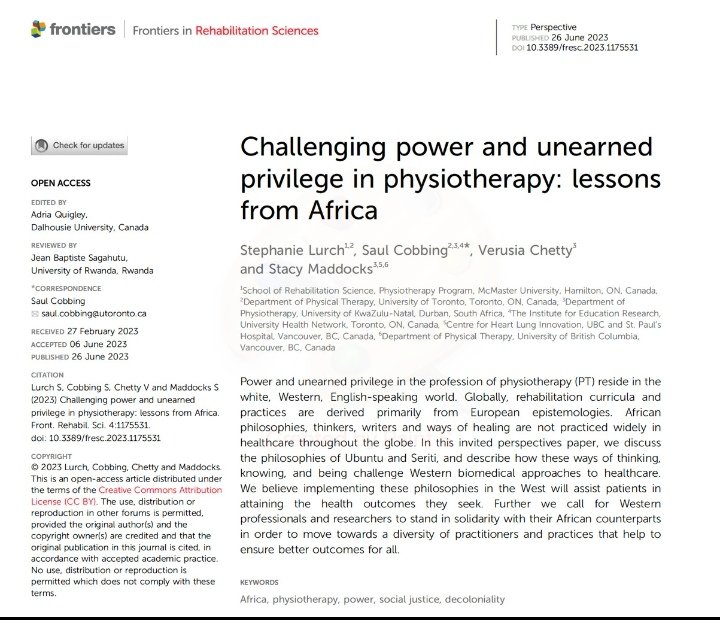 Saul Cobbing (@saulcobbing) on Twitter photo Very happy to share this important article written with the amazing <a href="/StephanieLurch/">Stephanie Lurch</a> <a href="/ChettyVerusia/">Verusia Chetty</a> and Dr Stacy Maddocks. There is a lot that the rehab professions can learn from Africa. #decoloniality #HealthEquity #SocialJustice frontiersin.org/articles/10.33… Very happy to share this important article written with the amazing <a href="/StephanieLurch/">Stephanie Lurch</a> <a href="/ChettyVerusia/">Verusia Chetty</a> and Dr Stacy Maddocks. There is a lot that the rehab professions can learn from Africa. #decoloniality #HealthEquity #SocialJustice frontiersin.org/articles/10.33…