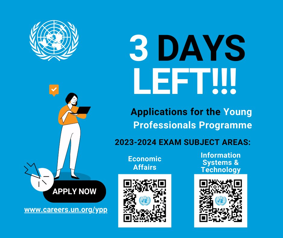 UN_Careers's tweet photo. ⏱Only 3 days left for you to submit your YPP application!😳
The closing 🔔deadline of 📅29 June 2023 is soon😱!
📢Don't miss this opportunity to Work for the UN!

🔗Links to apply below👇! https://t.co/0AhN1JiKZF