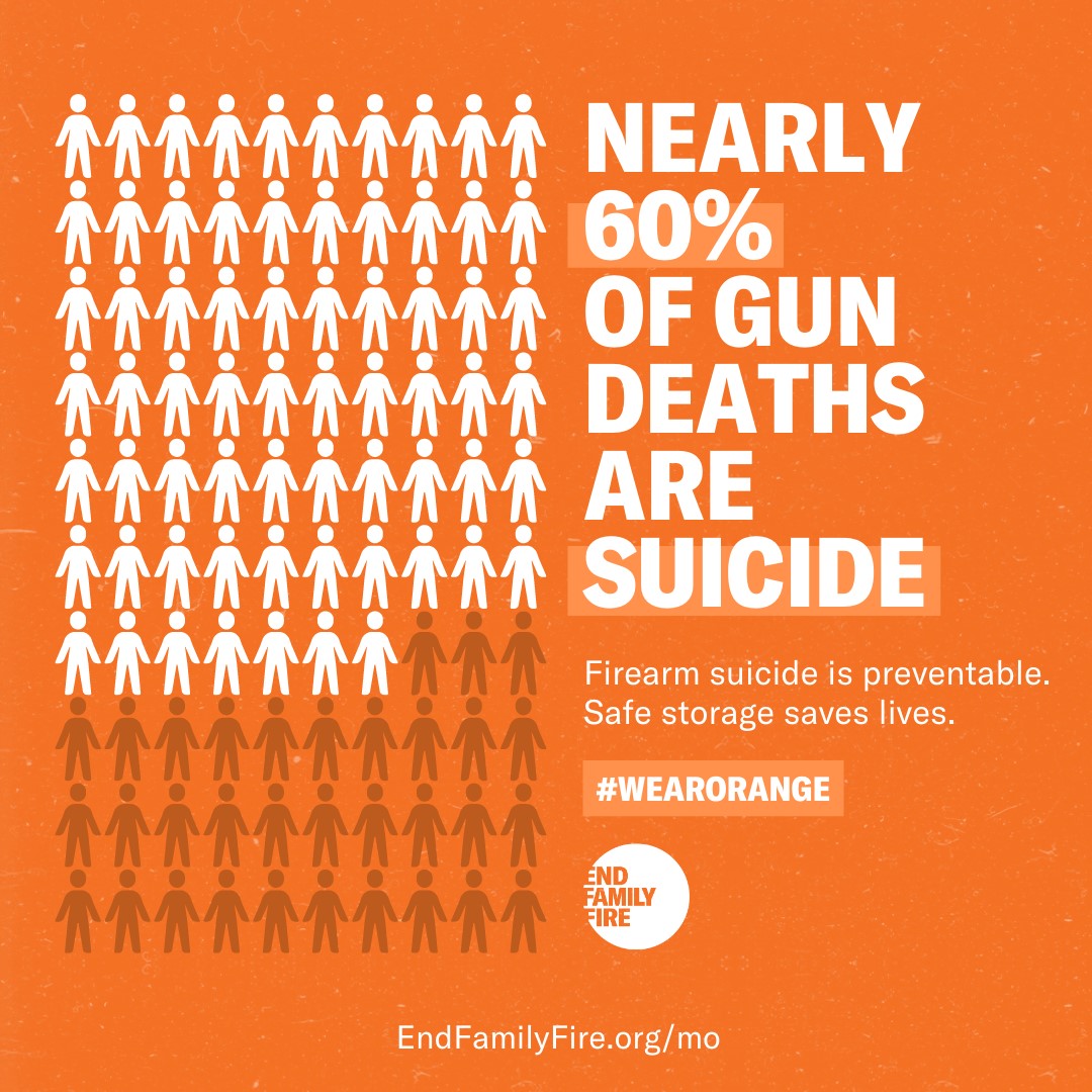 June is Gun Violence Awareness Month. 

Practice safe firearm storage to prevent suicide. 

Visit endfamilyfire.org/MO to learn more about #safestorage. #EndFamilyFireMO #gunviolenceawareness
