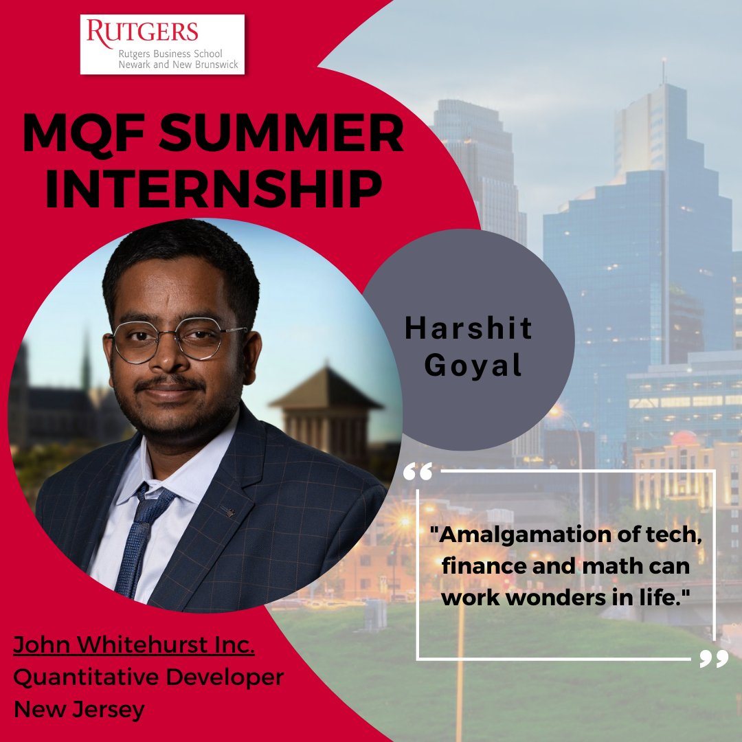 RutgersMQF's tweet photo. Congratulations to Harshit Goyal, who will intern at John Whitehurst Inc. this summer!
#RBSstrong #rutgers #mqf #quant #newark #scarletquant #internship #quantdeveloper
@RutgersMQF @RutgersBSchool @Rutgers_Newark https://t.co/xnN4OC6RnO