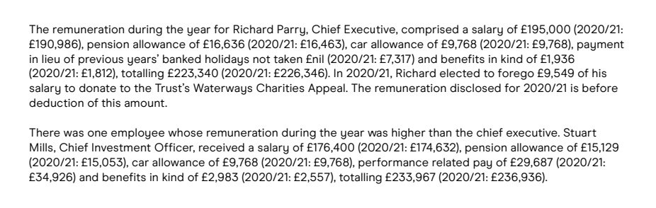 (1/2) OK @CanalRiverTrust as you haven't been able to get the figures, I've done some reading of your 21/22 financial statements. 

With renumeration of Chief Executive Richard Parry totalling £223,340 annually, which works out to about £4295 per week before deductions...