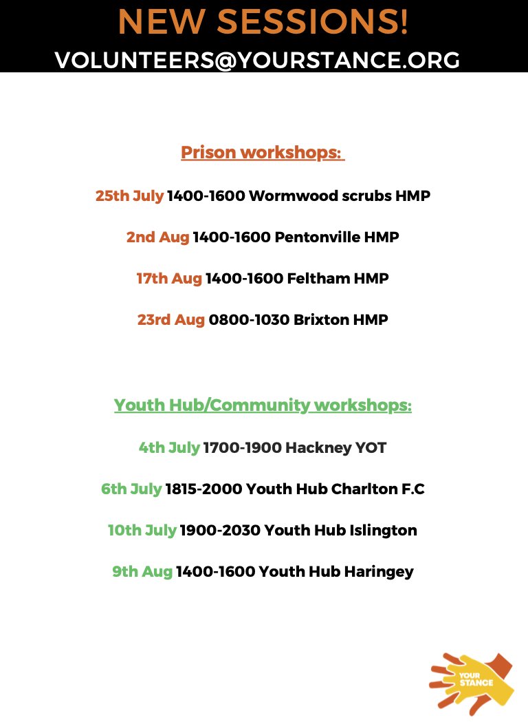 !  SESSIONS UPDATE FOR THE SUMMER  !

Our sessions our filling up but we still need volunteers for the below 👇👇👇👇

Get involved ! email volunteers@yourstance.org or DM us. 

<a href="/alwaddington/">Ana Waddington (She/Her)</a> <a href="/LG_NHS/">Lewisham and Greenwich NHS Trust</a> @CI_NHS