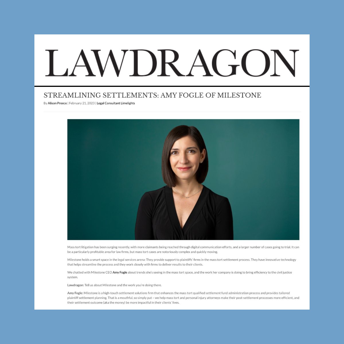 milestoneandco's tweet photo. Did you catch Milestone CEO Amy Fogle in Lawdragon earlier this year? Check it out: https://t.co/pDj35w63nN https://t.co/yVobRqukYz