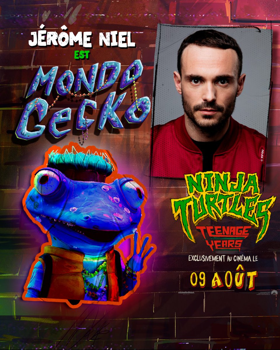 Mondo Gecko 🤝 Les good vibes. Jérôme Niel (<a href="/LaFermeJerome/">Jerome Niel</a>) est Mondo Gecko dans #NinjaTurtlesLeFilm, au cinéma le 9 août !