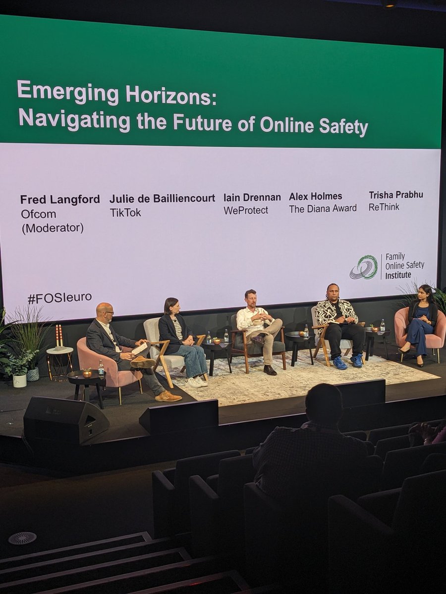 Former (<a href="/WeProtect/">WeProtect Global Alliance</a>) and present (<a href="/tiktok_us/">TikTok US</a>) colleagues on a fascinating panel about future challenges of online safety. The need to involve young people in every aspect of product design and review is a strong recommendation. 
#FOSIeuro #onlinesafety