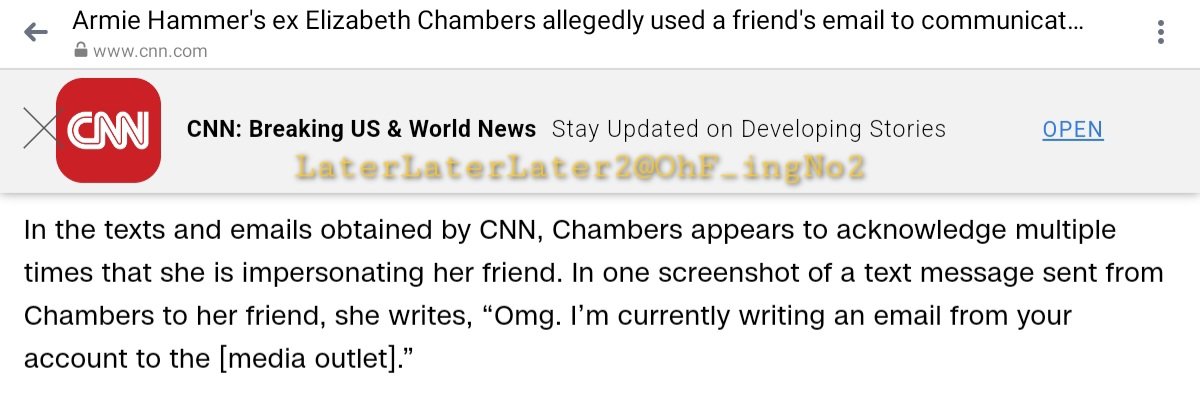 2/CNN has obtained ss of text messages discussing the impersonation [where] #Chambers appears to acknowledge multiple times that she is impersonating her friend. In one text, #ElizabethChambers writes, “Omg. I’m currently writing an email from your account to the [media outlet]”