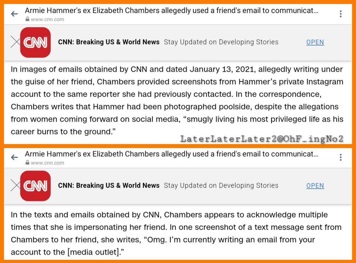 4/In images of emails obtained by CNN dated Jan 13 2021 #ElizabethChambers, allegedly writing under the guise of her friend, provided screenshots from #Hammer's private IG account to the same reporter she had previously contacted.
#ArmieHammer
#smearcampaign
Next... #HouseofEffie