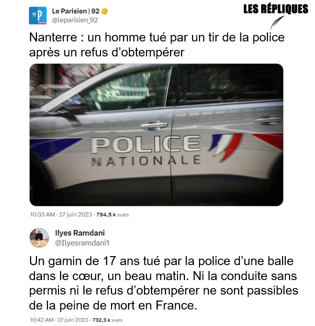 Les_Repliques's tweet photo. Ce mardi matin à Nanterre, un adolescent de 17 ans a été tué par le tir d'un policier à bout portant après un refus d'obtempérer 

@Ilyesramdani1 https://t.co/rZzJRFYSZv