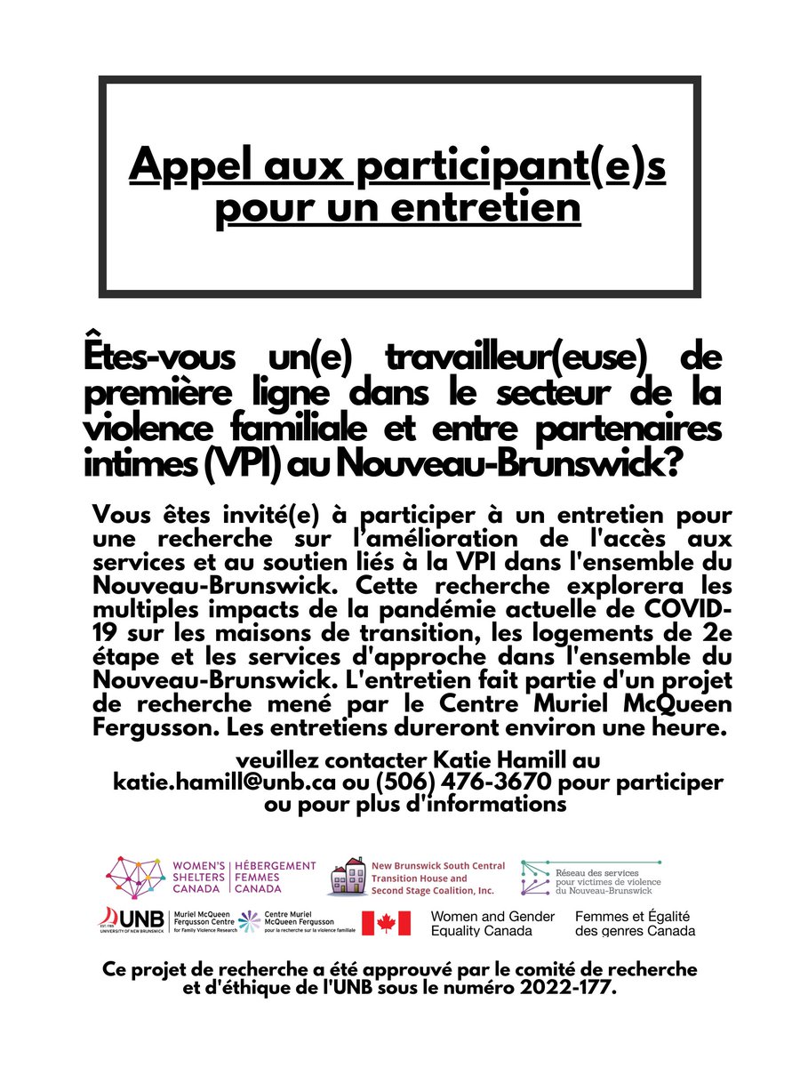 Appel aux participants: Êtes-vous un(e) travailleur(euse) de première ligne dans le secteur de la #violencefamiliale et de la #violence entre partenaires intimes (#VPI) au N.-B.? katie.hamill@unb.ca ou 506-476-3670 pour plus d'informations.