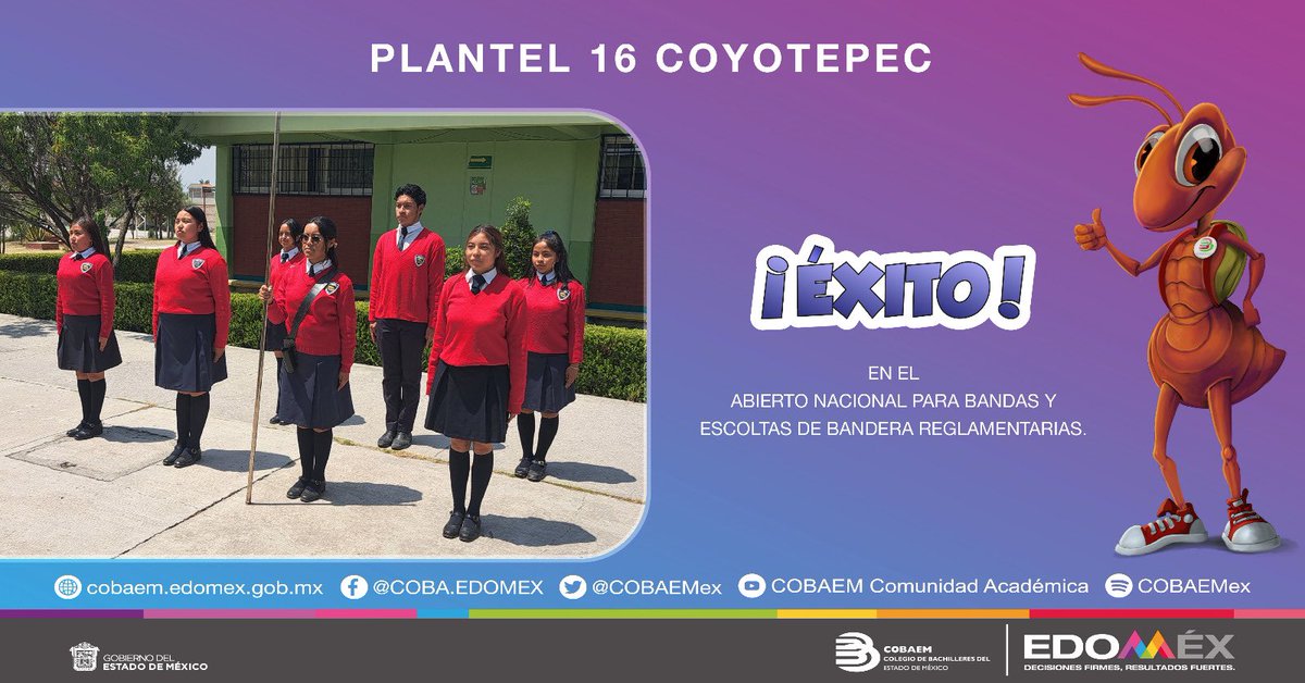COBAEMex's tweet photo. 🇲🇽Agradecemos a las unidades académicas que se registraron para elegir a la escolta que representará al #COBAEM en el "Abierto Nacional para Escoltas de Bandera 2023" de la #Femexbam y felicitamos al plantel 16 #Coyotepec, el cual será nuestro representante en este evento. 👏 https://t.co/aHmws5uJ69