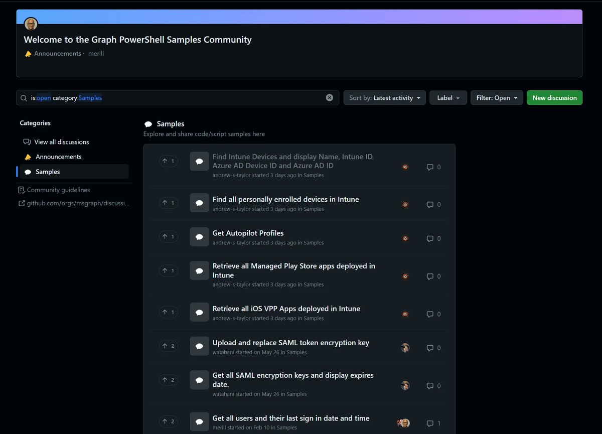 david_das_neves's tweet image. Nice community page for PowerShell graph samples! Contribute and use!
[Resources] Welcome to the Graph PowerShell Samples Community 
github.com/orgs/msgraph/d… 

Credit: Merill Fernando

#PowerShell #GraphPowerShell #shiftavenue