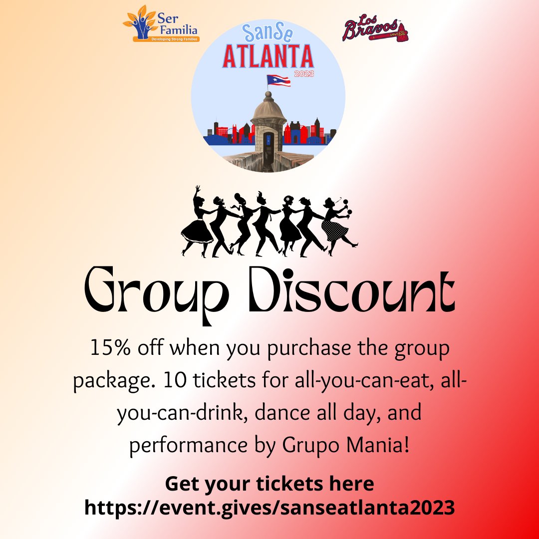 Want to bring a group to SanSe Atlanta?! We offer 15% off package that includes 10 tickets for friends and family. Plan with your group to match showing off your Puerto Rican pride! 

#SerFamilia #SanSeAtlanta2023 #SanSeATL #GrupoMania #TruistPark