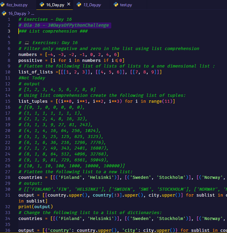 PitterPJC's tweet photo. # Exercises - Day 16

#Day16 - #30DaysOfPythonChallenge

### List comprehension ###

# 💻 Exercises: Day 16 https://t.co/qHFazmiYlk