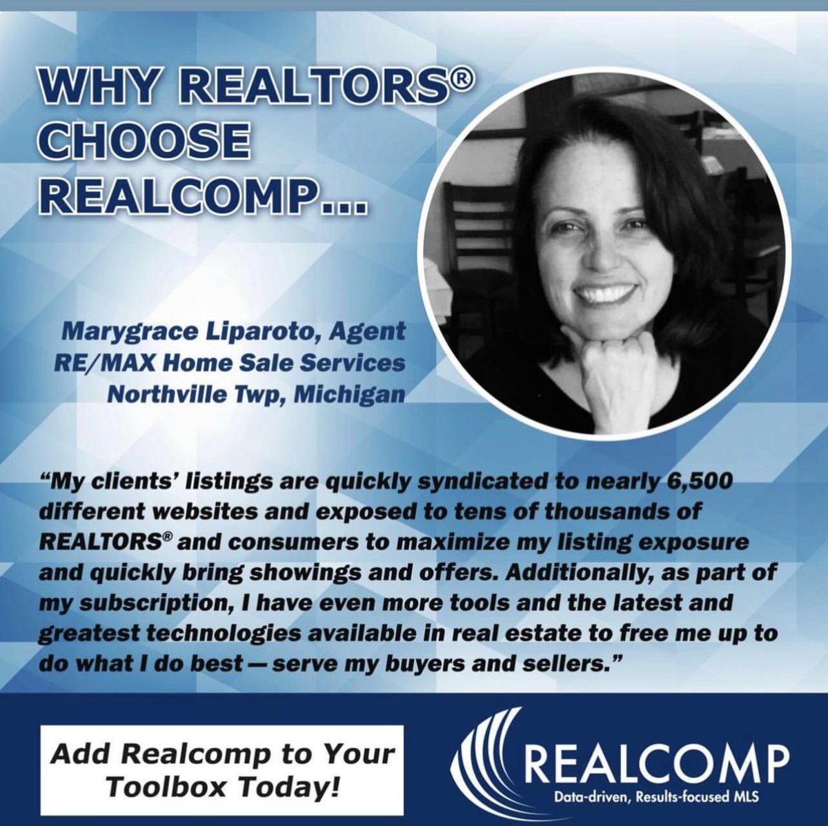 Realcompmls's tweet photo. “My clients listings are quickly syndicated to nearly 6500 different websites and exposed to tens of thousands of REALTORS and consumers to maximize my listing exposure and quickly bring showings and offers.”
Marygrace Liparoto
Re/Max Home Sales Services https://t.co/l6McQDpchb