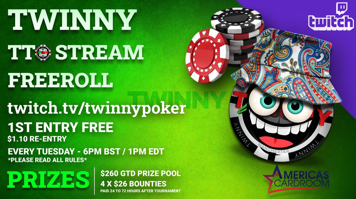 We are Live with our @ACR_POKER 'Twinny TTO Stream Freeroll', 6pm BST/1pm EDT
💰$260 GTD
💰4 x $26 Bounties
💰Bounties MUST be Claimed in chat
💰$1.10 Re-Entry
@ACRStormers
#DailyDouble #WSOHG #HighStakesAdventure #Good4Poker #ACRGiveaway #PositiveVibes 
twitch.tv/twinnypoker