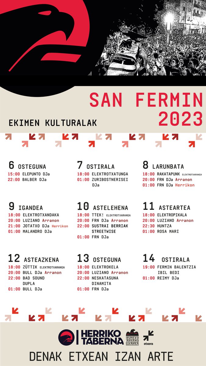 HerrikoTaberna's tweet photo. SAN FERMIN 2023
Hemen duzue Herriko Tabernako eskaintza kulturala.
Egun bereziak datozkigu, egun politak bai. 
Asko dago gozatzeko eta oraindik ere, lan asko dugu egiteko... denak etxean izan arte!!!
ONGI PASA eta DENAK ETXERA! https://t.co/hK75YkuCRp