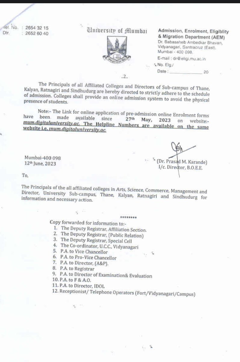 University of Mumbai on Twitter: "Revised Schedule of pre-admission