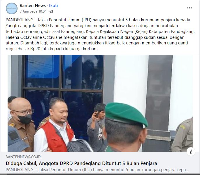 PartaiSocmed's tweet photo. Breaking News! 
Terdakwa Alwi dituntut dgn tuntutan maksimal 6 tahun penjara. Jangan apresiasi Kejari Pandeglang dulu, semua ini karena kasusnya viral jika tidak viral maka tuntutannya akan spt berita dibawah ini 👇 https://t.co/u9ibaxS2Xr