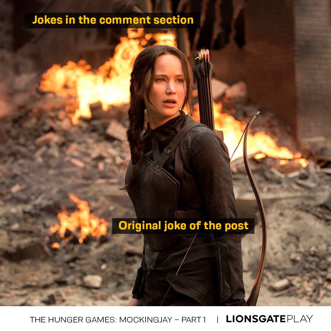 lionsgateplayIN's tweet photo. Doesn't matter how good the OP joke is, the comment section is always fire🔥
#TheHungerGamesMockingjayPart1 #JenniferLawrence https://t.co/MxC08IoL2J