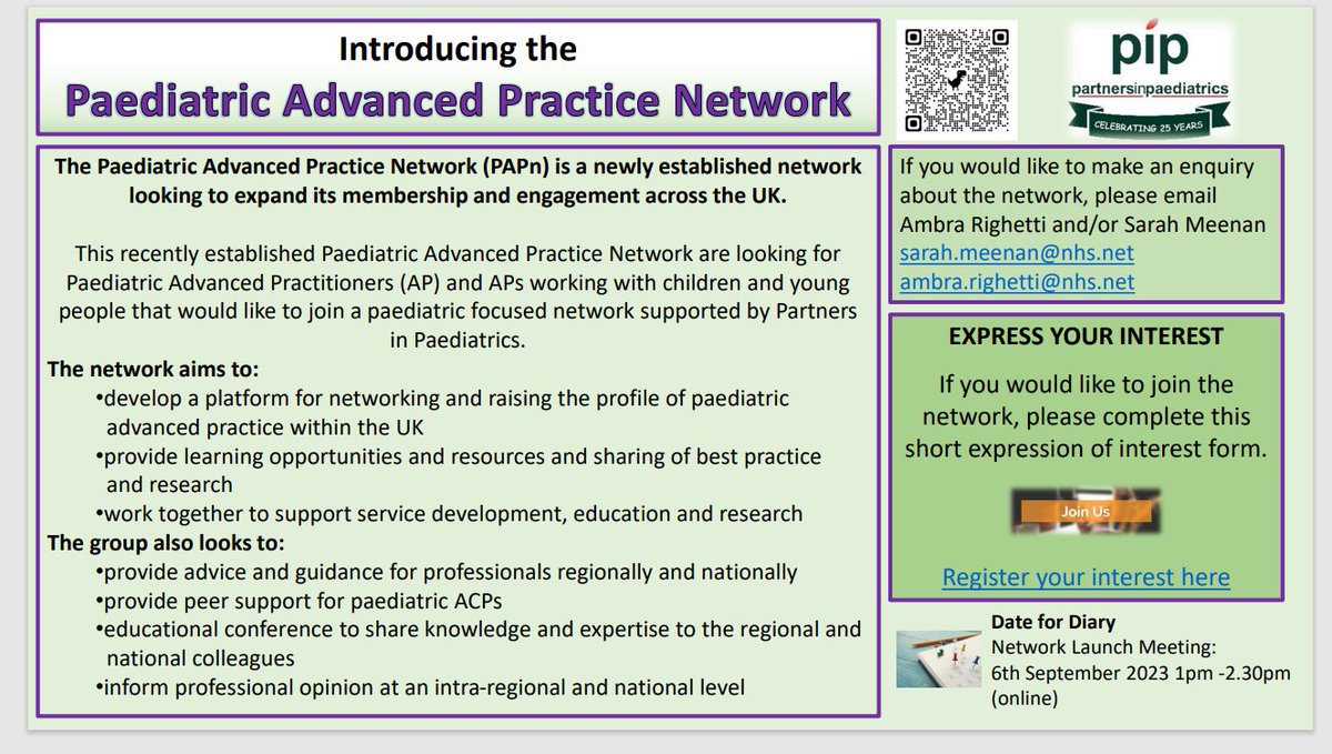 📢📢EXCITING NEWS📢📢New Paediatric Advanced practice Network- Please join us for our first network meeting in September. Register your interest here surveymonkey.co.uk/r/YTQMGMF