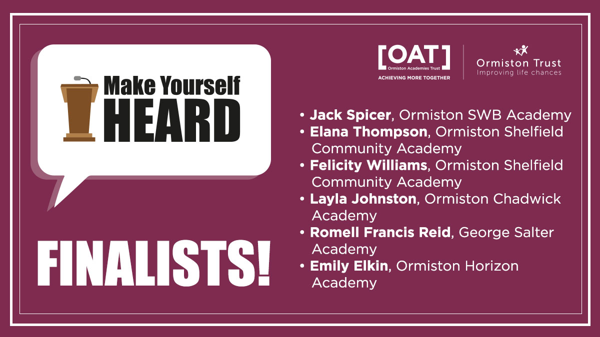 We are pleased to announce our #MakeYourselfHeard23 comp finalists, who will go head-to-head on 13/7 in a ‘mini TED style talk’. They will have 3 mins to speak about what they’re passionate about, & the overall winner will then get to co-host #OATAnnualConf23 in Nov! @OAT_English