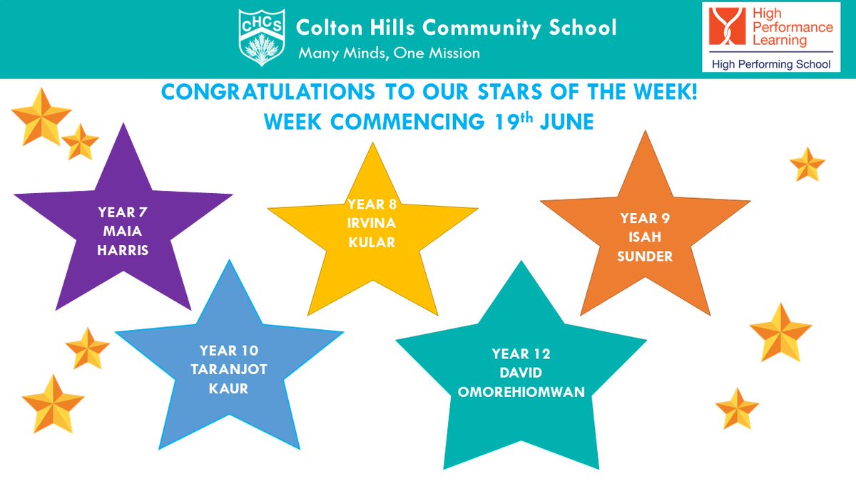 Well done to our Stars of the Week nominees for earning themselves a spot on the grid.  You have been selected for demonstrating #ColtonHills school values and @hpl_edu  values in school last week.  Excellent work!
#SOTW #starsoftheweek⭐️
<a href="/ColtonHills_HPL/">Colton Hills CS High Performance Learning</a>