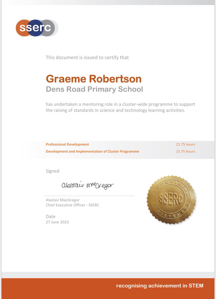 This is proving to be quite the end to the year!  Today I received my certificate for completing the Primary Cluster Programme.
Thanks to everyone at <a href="/SSERCofficial/">SSERC</a> <a href="/SSERCprimary/">SSERC Early Years and Primary Team</a> <a href="/SSERCDigital/">SSERCdigital</a> for their support over the course of the year and thanks to the fellow mentors too!