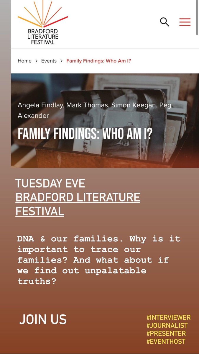 Tonight. <a href="/BradfordLitFest/">Bradford Literature Festival</a> 

Join us. Gonna be utterly fascinating. Home DNA tests - reliable? How far back? And what if the truth is bad? 

With <a href="/angelas_talks/">Angela Findlay</a> <a href="/SimonKeegan/">Simon Keegan</a> &amp; #ProfMMarkThomas