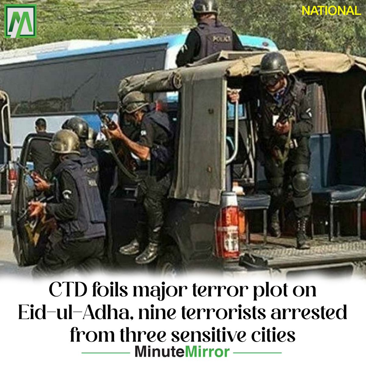 MinuteMirrorpk's tweet image. #CTD has foiled a major #TerrorPlot on the occasion of #EidulAdha and arrested nine terrorists, including a woman associated with the banned organization, from three sensitive cities.
minutemirror.com.pk/ctd-foils-majo…