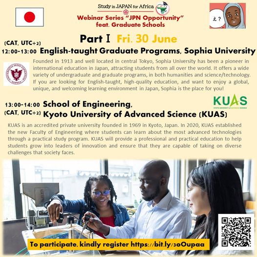 StudyJPN_africa's tweet photo. 📷Reminder for Webinar series "JPN Opportunity" feat. #GraduateSchools...on 30 June, 7 July and 14 July.
We are receiving many registrants from Nigeria📷, Ghana📷,  and Kenya📷. We still have a space!
Join us via 📷https://t.co/iUVVkPH6ia
Part 1 will be starting in 3 days... https://t.co/GlSRAR9kYo