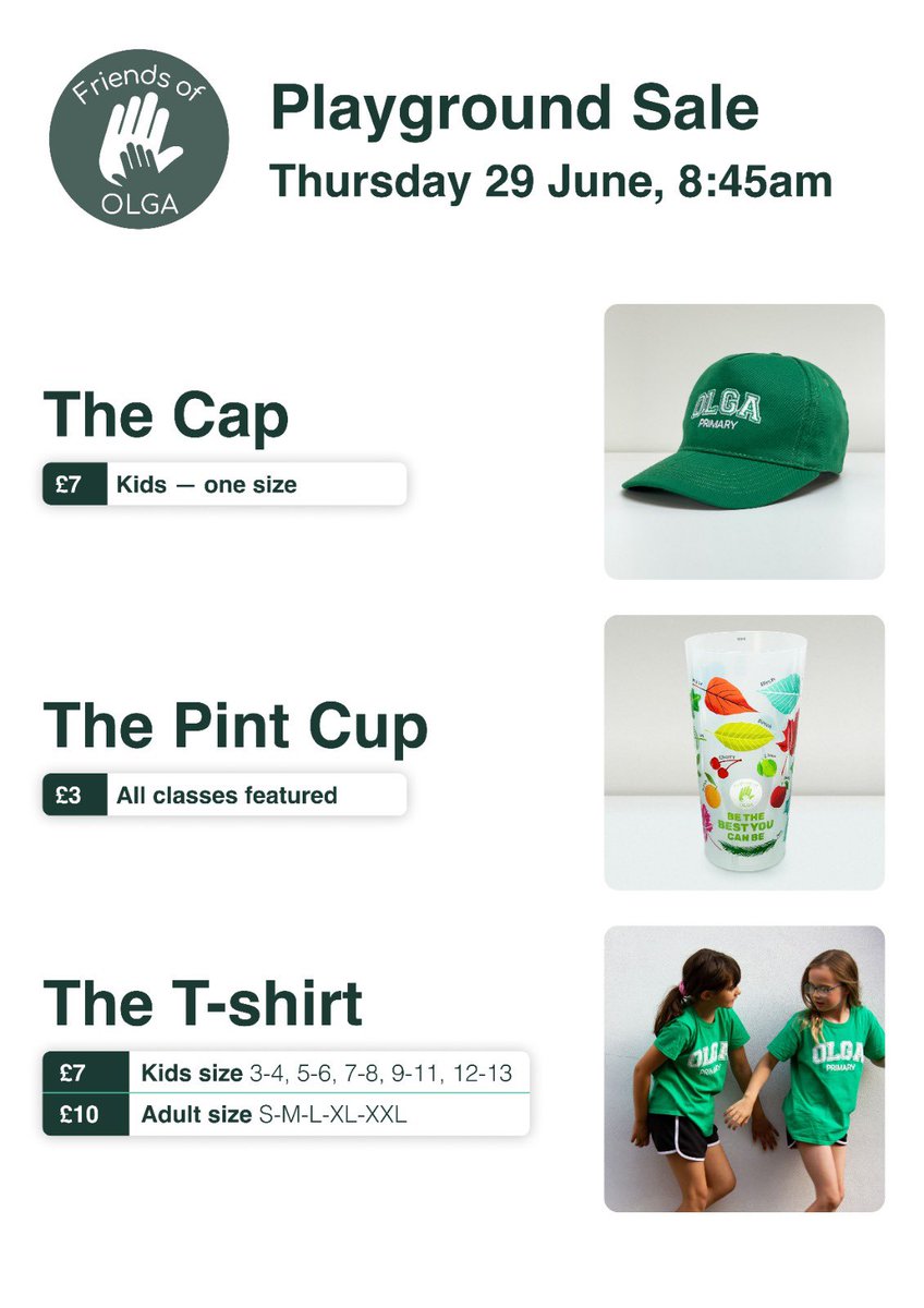 We’ll be in the playground at drop off on Thursday morning so you can pick up Olga t-shirts and caps. Cash and card both accepted. See you there! <a href="/NewsOlga1/">News Olga</a>