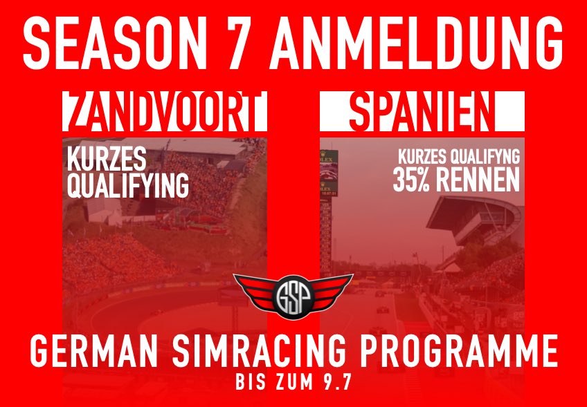 SEASON 7 SIGN-UP

Saisonstart: 15. Juli
Wann: Samstags 21 Uhr
Was: Kurzes Q + 50% Rennen

Anmeldungen bis zum 9. Juli🏆