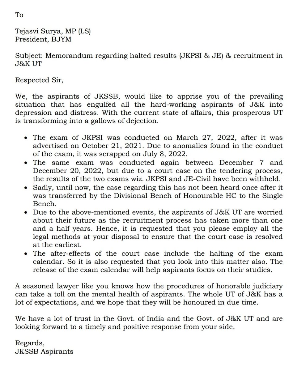 Today #JKSSB_Aspirants_Delegation met BJYM National President & MP Shri @Tejasvi_Surya sir at BJP Headquarter Trikuta Nagar jammu,Had detailed discussion regarding the Current sufferings of all the JKSSB Aspirants.(Withheld Results of JKPSI,JE & Stucked Exam calendar)
1/2