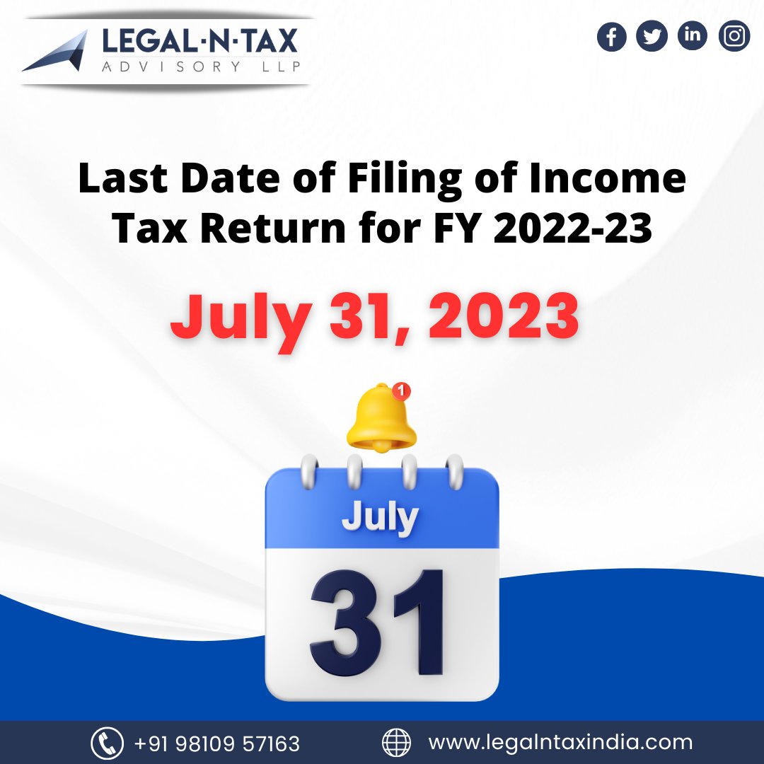 Time is running out! Don't miss the deadline for filing your Income Tax Return for FY 2022-23. Remember, the last date is 31st July. Stay ahead of the game and stay compliant. 
.
.
#LegalnTaxIndia #IncomeTaxFiling #DeadlineApproaching #TaxReturn2022 #BeResponsible