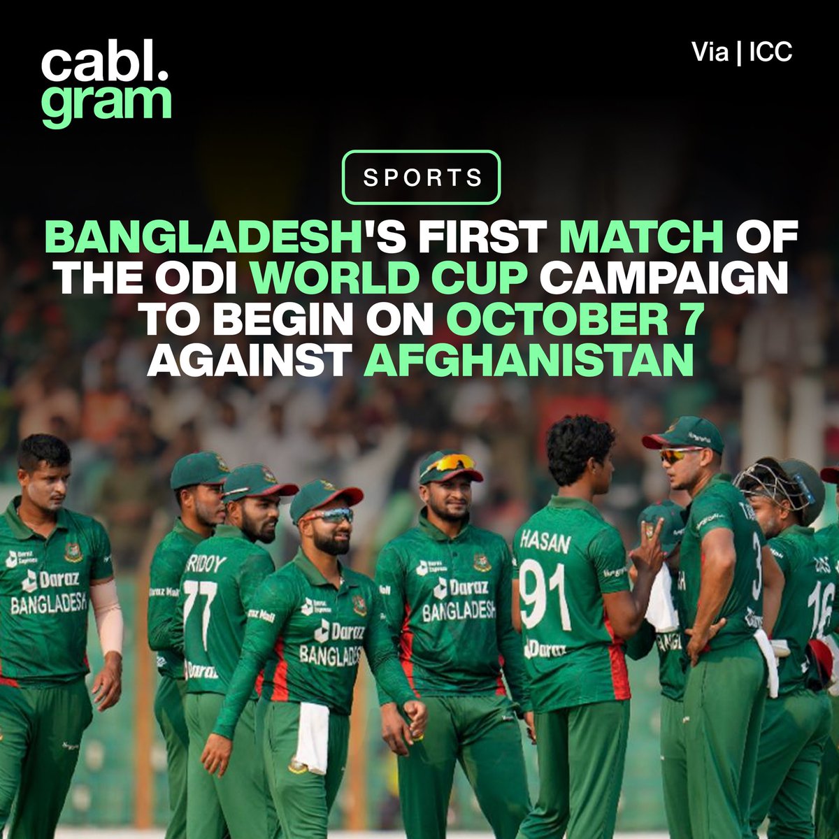 cablgram's tweet photo. 🏏 The International Cricket Council (ICC) has revealed the official fixture list for the World Cup 2023, which will be held in India later this year. The tournament will kick off on October 5 in Ahmedabad with England and New Zealand, the previous World Cup finalists. https://t.co/5AyFnYSWYI